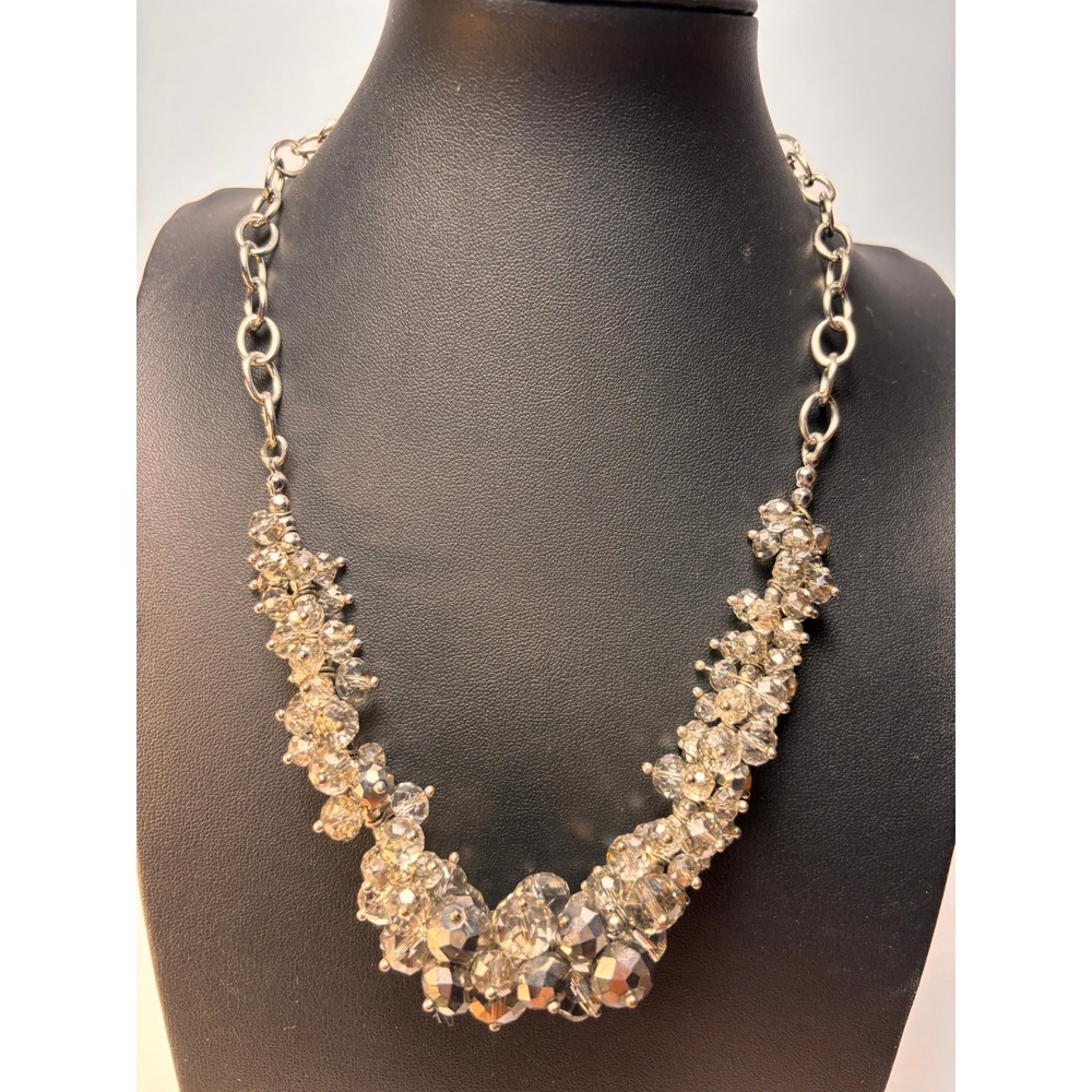 Cluster Bib Necklace Silver Tone Champagne Clear Faceted Beaded Statement